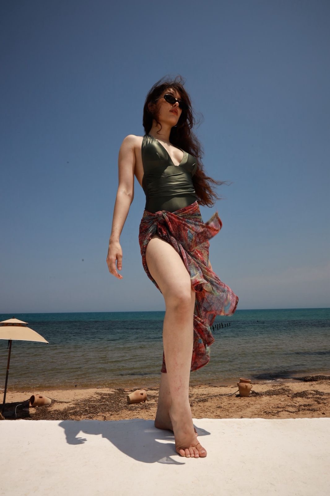 Maillot de Bain “Drapé shiny vert militaire