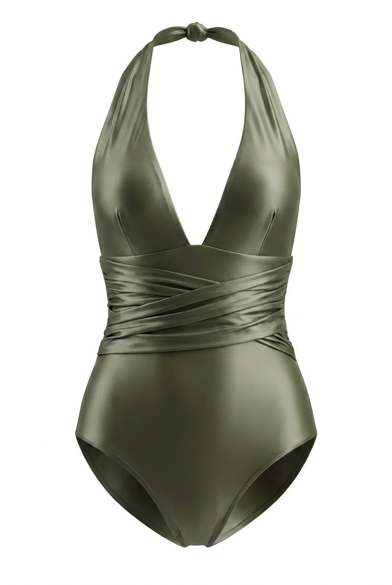Maillot de Bain “Drapé shiny vert militaire
